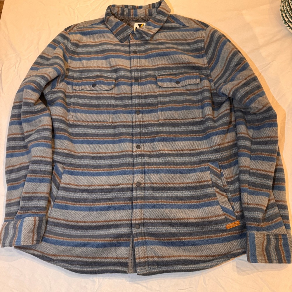 Voyager Mens Blue Gray Striped Sherpa Lined Fleece Shirt Jacket Shacket Size M